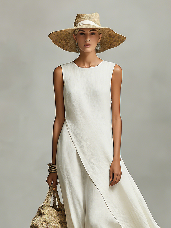 Robe en Lin Respirant Ivoire pour Femmes avec Détail Sans Manches & Ourlet Asymétrique, Style Décontracté et Féminin Contemporain MDZ0408C2I
