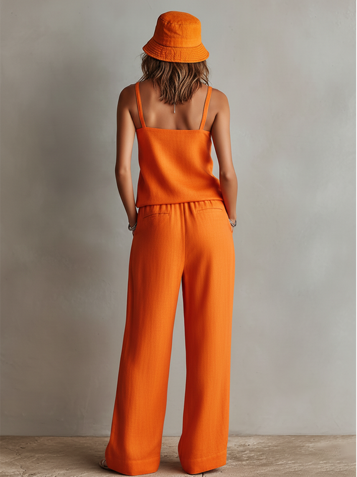 Ensemble Deux-Pièces en Lin Orange pour Femmes avec Top Cami à Col Carré & Pantalon Large à Taille Nœud, Style Boho-Resort Intemporel MDZ0825D5I