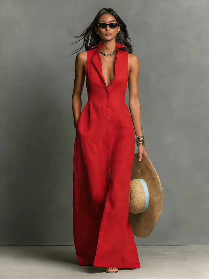 Robe Chemise Maxi Sans Manches à Col Minimaliste en Mélange de Lin pour Femmes MDZ1011C0Y