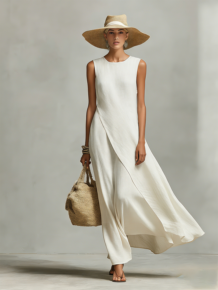 Robe en Lin Respirant Ivoire pour Femmes avec Détail Sans Manches & Ourlet Asymétrique, Style Décontracté et Féminin Contemporain MDZ0408C2I
