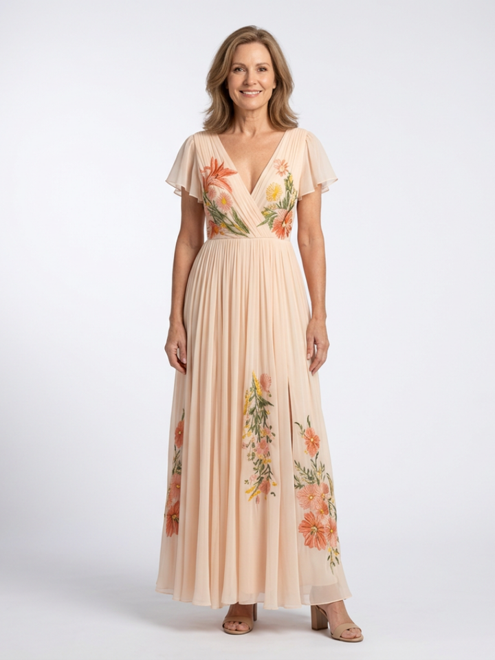 Calista | Robe Maxi à Encolure en V et Manches Courtes