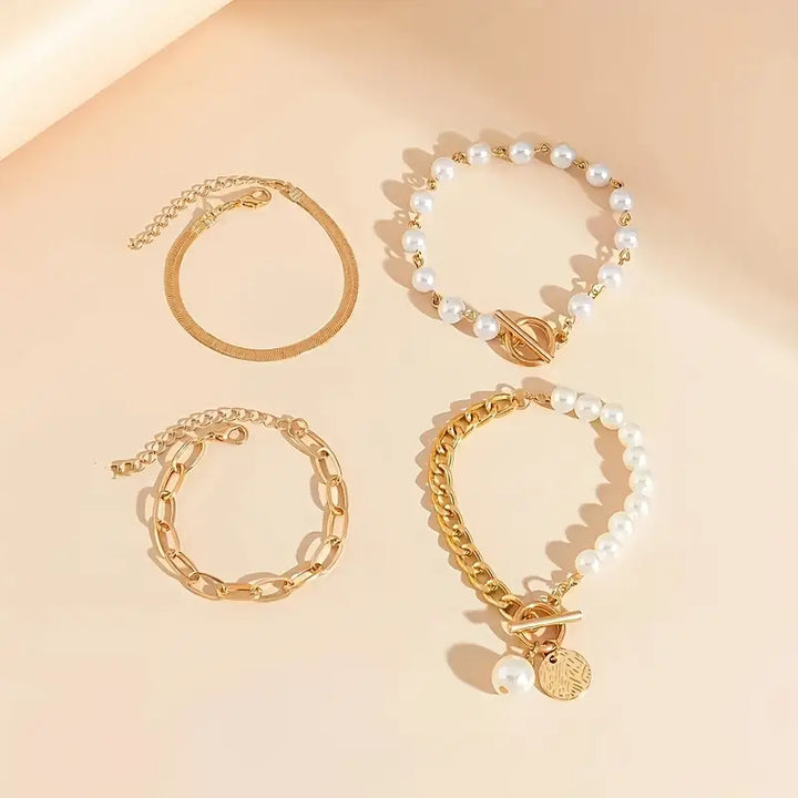 Élégant ensemble de bracelet en or 4 pièces – Serpent, perles et maillons