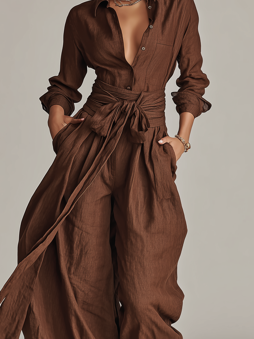 Combinaison à Manches Longues en Coton-Lin Tissé Élégante pour Femmes, Marron, avec Col Chemise et Ceinture MDA1965L9AN