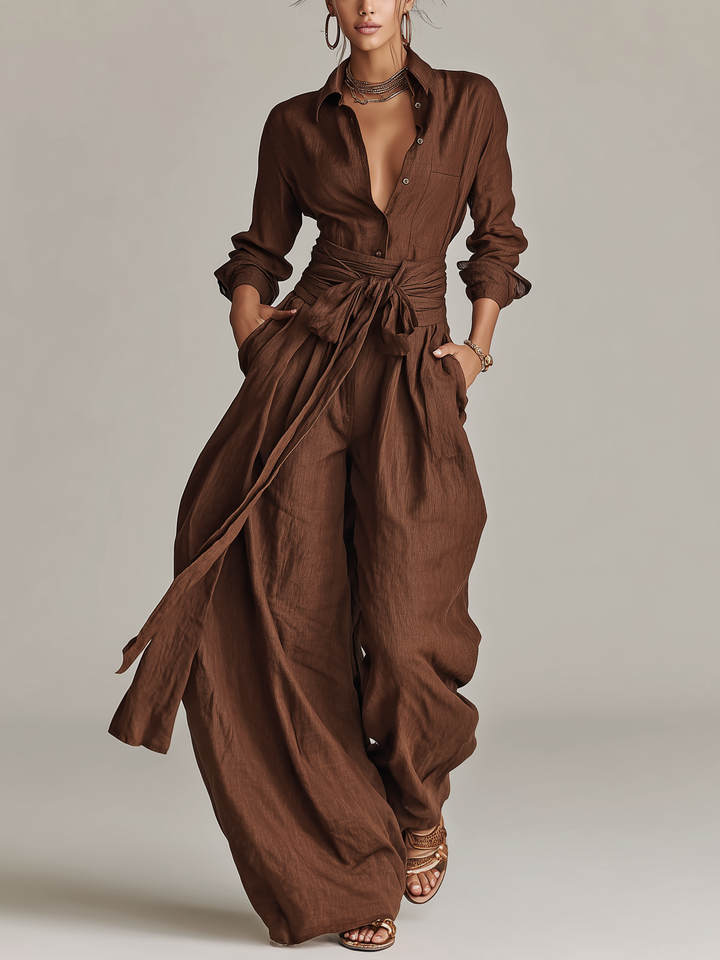 Combinaison à Manches Longues en Coton-Lin Tissé Élégante pour Femmes, Marron, avec Col Chemise et Ceinture MDA1965L9AN