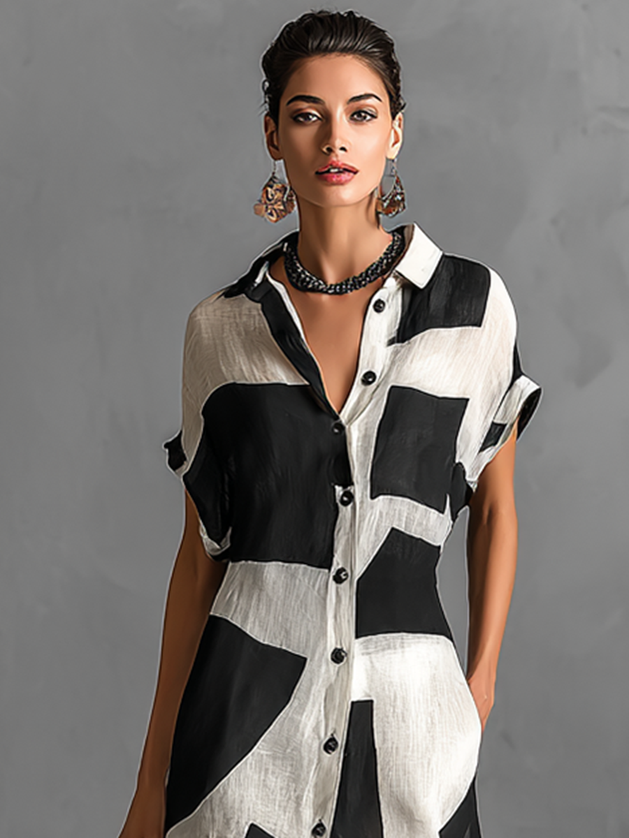 Robe Chemise Maxi à Manches Courtes en Mélange de Coton et Lin pour Femmes avec Imprimé Géométrique Irregulier et Col Revers, Bouton Unique MDA1689G1Y