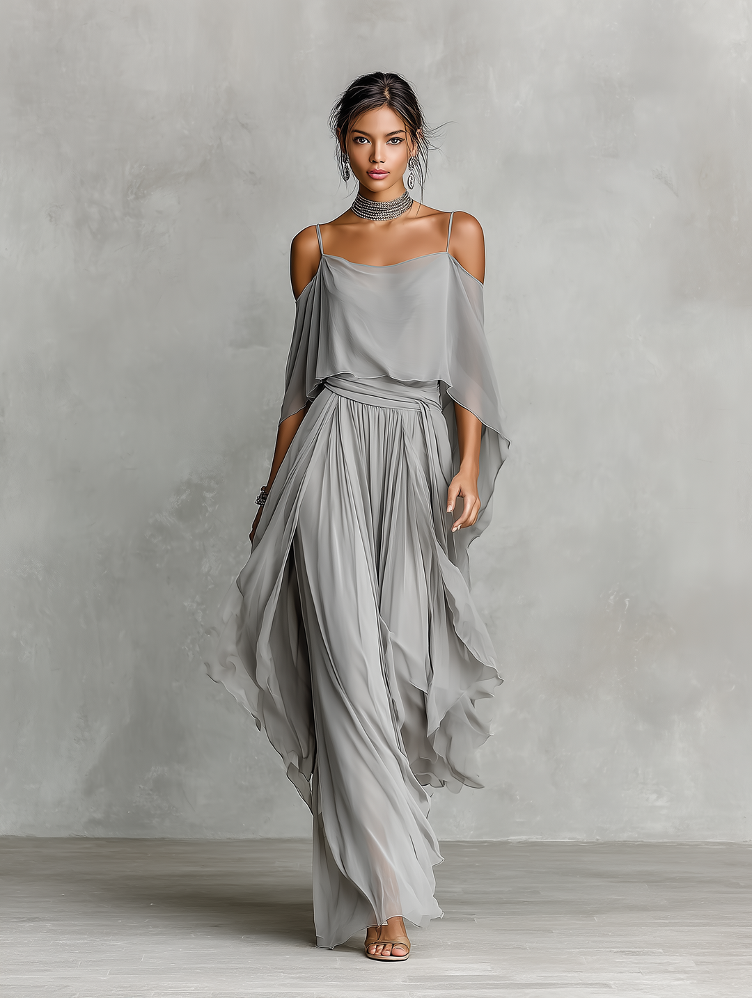 Ensemble Chiffon Respirant Grise pour Femmes avec Détail Épaule Dénudée & Silhouette Évasée, Style Féminin Luxe Contemporain MDZ2651B6I
