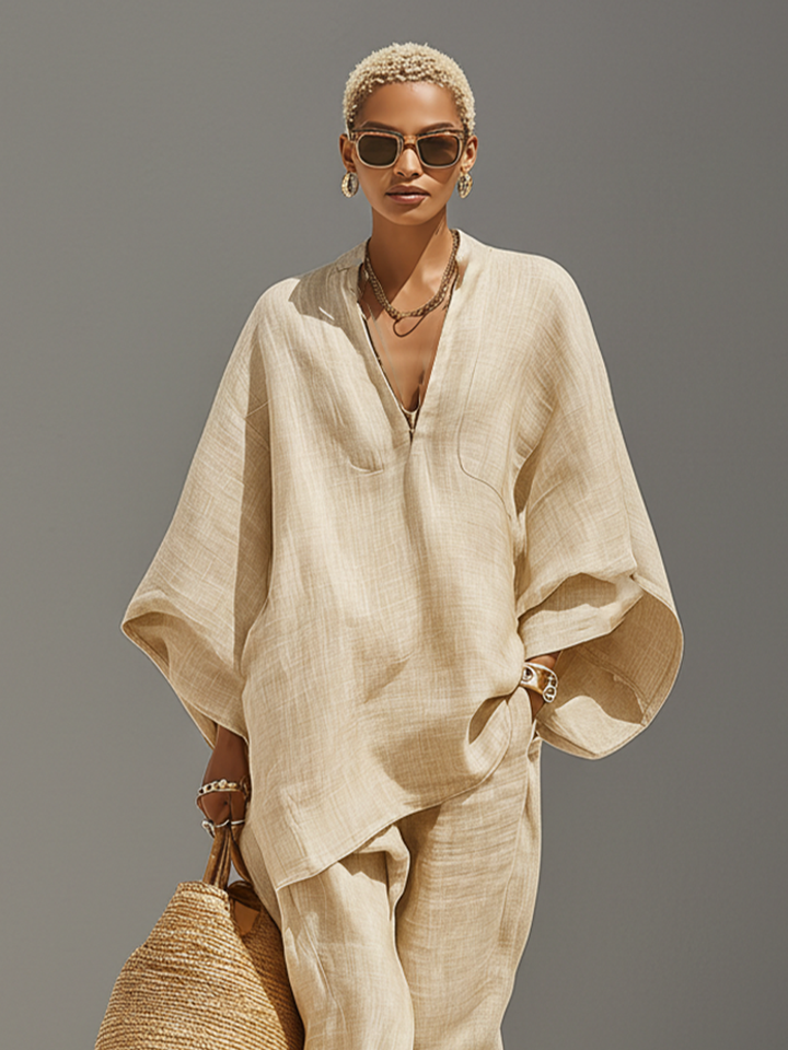 Ensemble en Lin Neutre pour Femmes avec Ourlet Asymétrique & Design Minimaliste, Ensemble de Style Décontracté Raffiné MDZ0501B3I