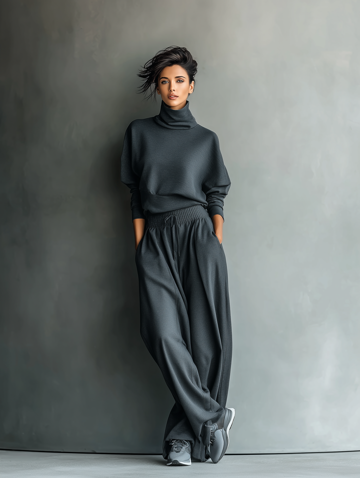 Ensemble Top Oversized à Col Roulé en Charbon et Pantalon Large pour Femmes MDA2435L7T