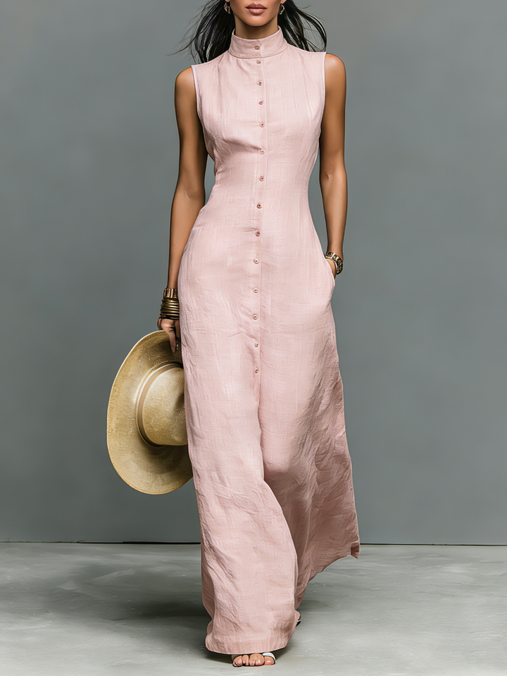 Robe Maxi Sans Manches en Mélange de Lin Minimaliste pour Femmes avec Col Montant et Boutonnage Unique MDZ1049C1Y