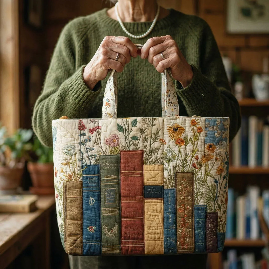 Sac en tissu matelassé fait main - Livres et Fleurs