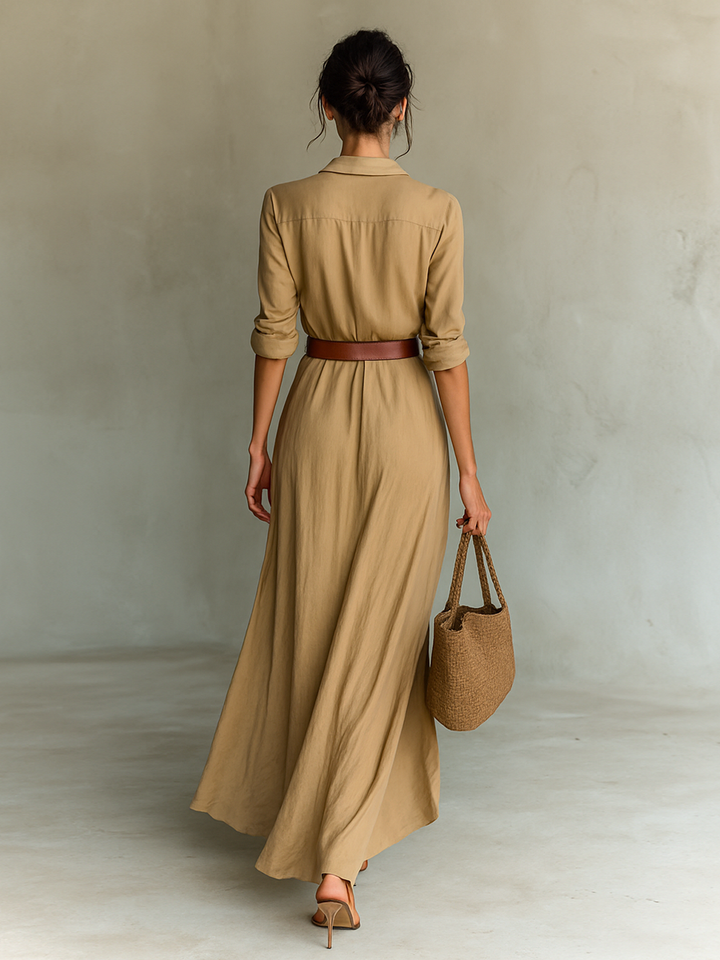 Robe maxi à col revers manches longues