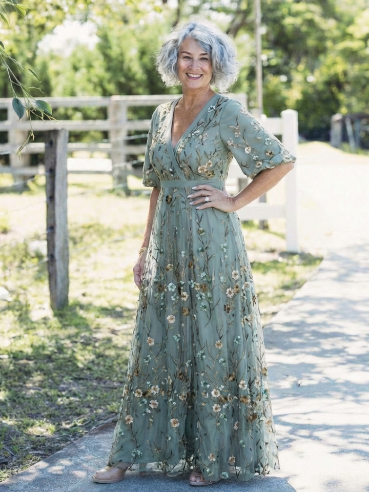 Evadne | Robe maxi florale à décolleté en V avec manches courtes