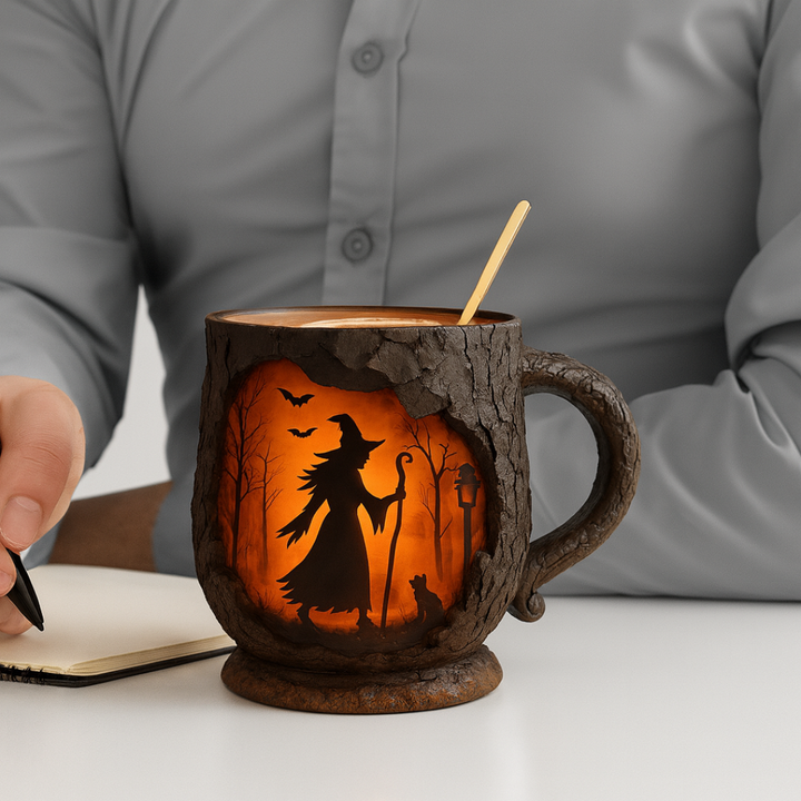Mug 3D fait main pour Halloween – design de sorcière et de chat