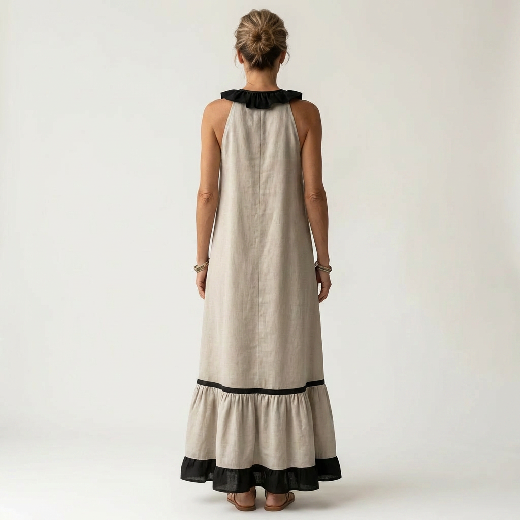 Mayline | Robe Maxi Sans Manches à Col Volant Contrasté