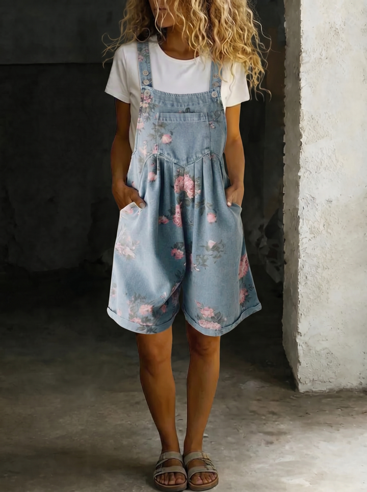 Adriana - Combinaison en denim floral au toucher doux en coton avec finition vintage