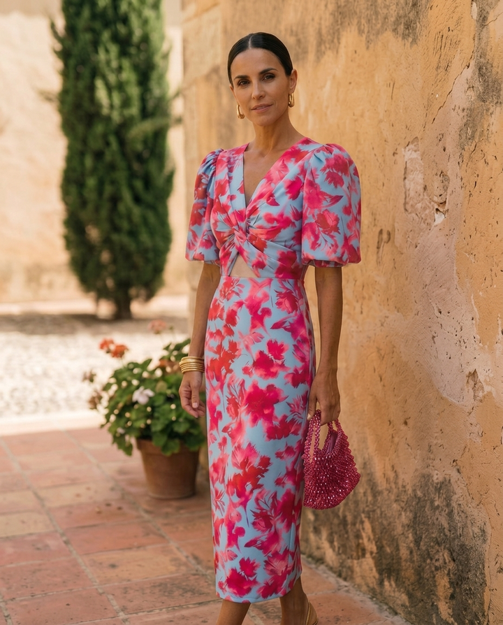Carla | Robe Midi Avec Imprimé Fleuri et Manches Bouffantes