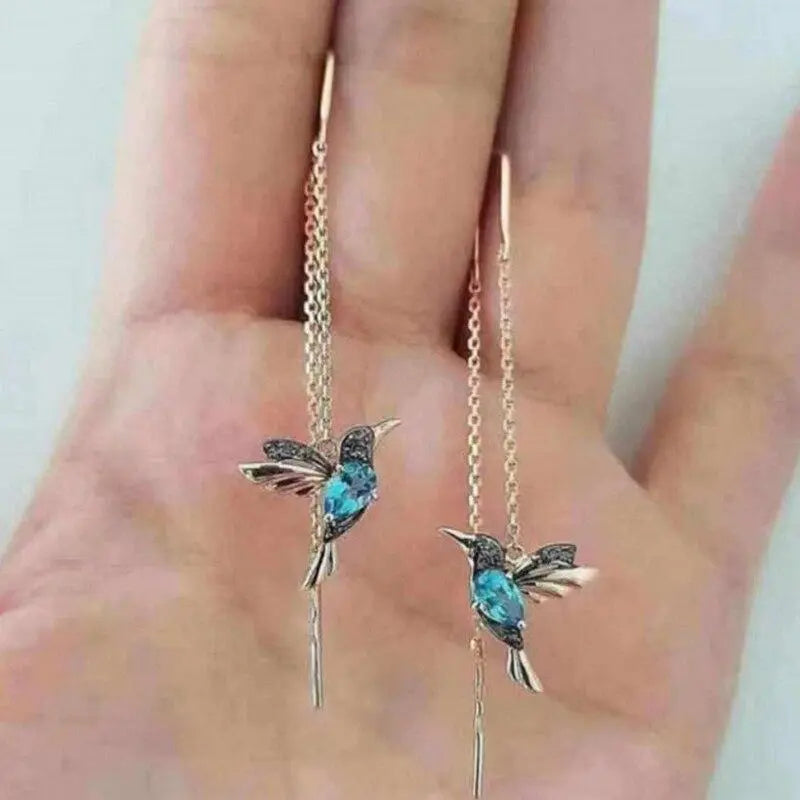 Boucles d'oreilles avec colibri en or et cristaux