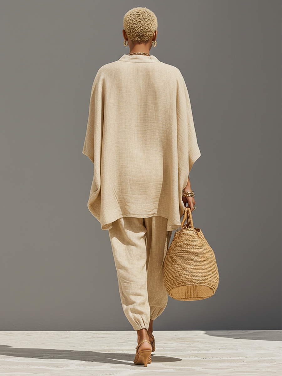 Ensemble en Lin Neutre pour Femmes avec Ourlet Asymétrique & Design Minimaliste, Ensemble de Style Décontracté Raffiné MDZ0501B3I