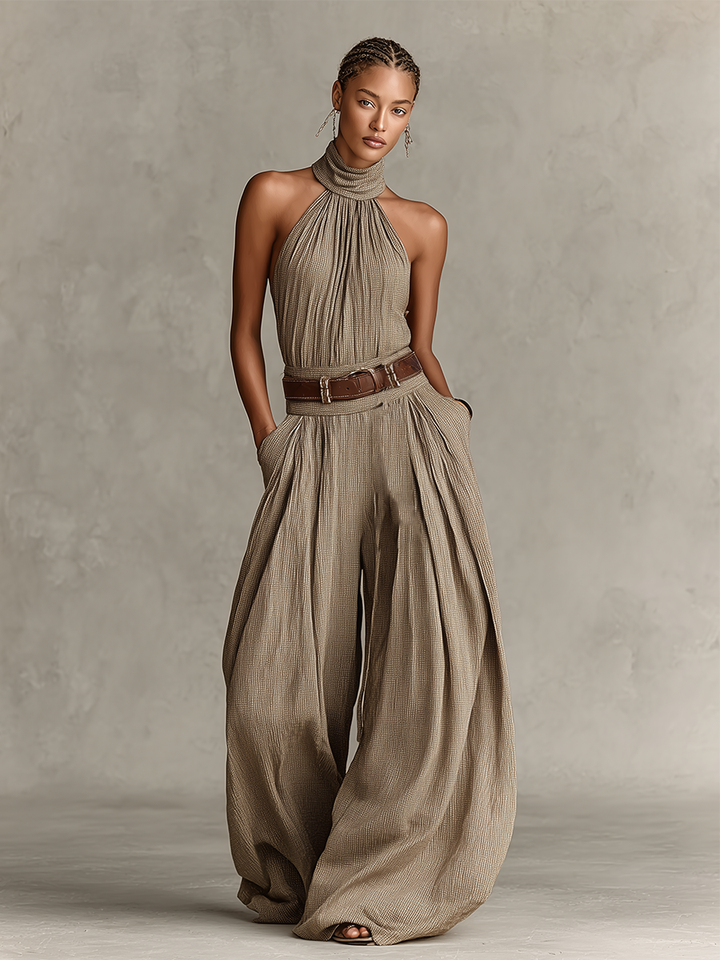 Combinaison Femme Taupe Mélange Coton Avec Col Halter & Pantalons Larges, Style Boho-Élégant Intemporel (Sans Ceinture) MDZ0940C3I