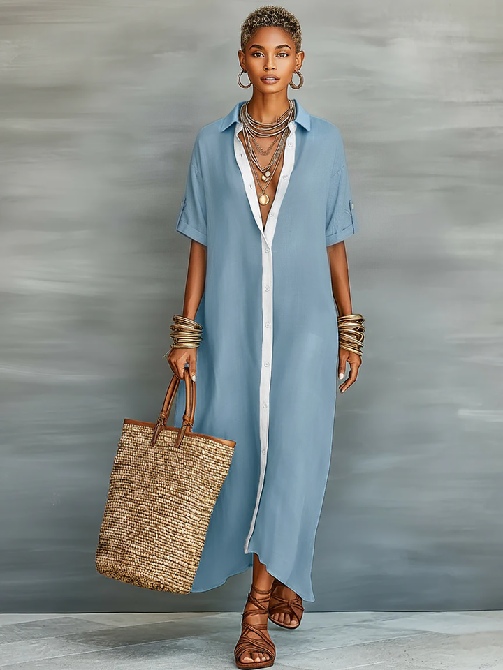 Robe Maxi Chemise à Manches Courtes en Mélange de Lin Minimaliste pour Femmes MDZ0647A2Y