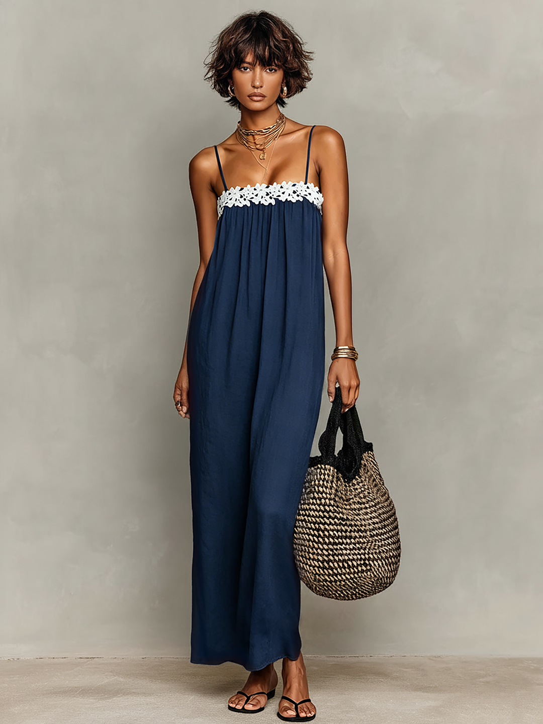 Robe Maxi Sans Manches en Mélange de Lin Minimaliste pour Femmes avec Bretelles Spaghetti MDZ1926C9Y