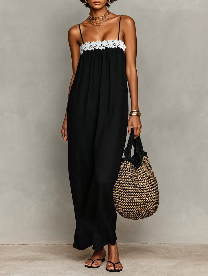 Robe Maxi Sans Manches en Mélange de Lin Minimaliste pour Femmes avec Bretelles Spaghetti MDZ1926C9Y