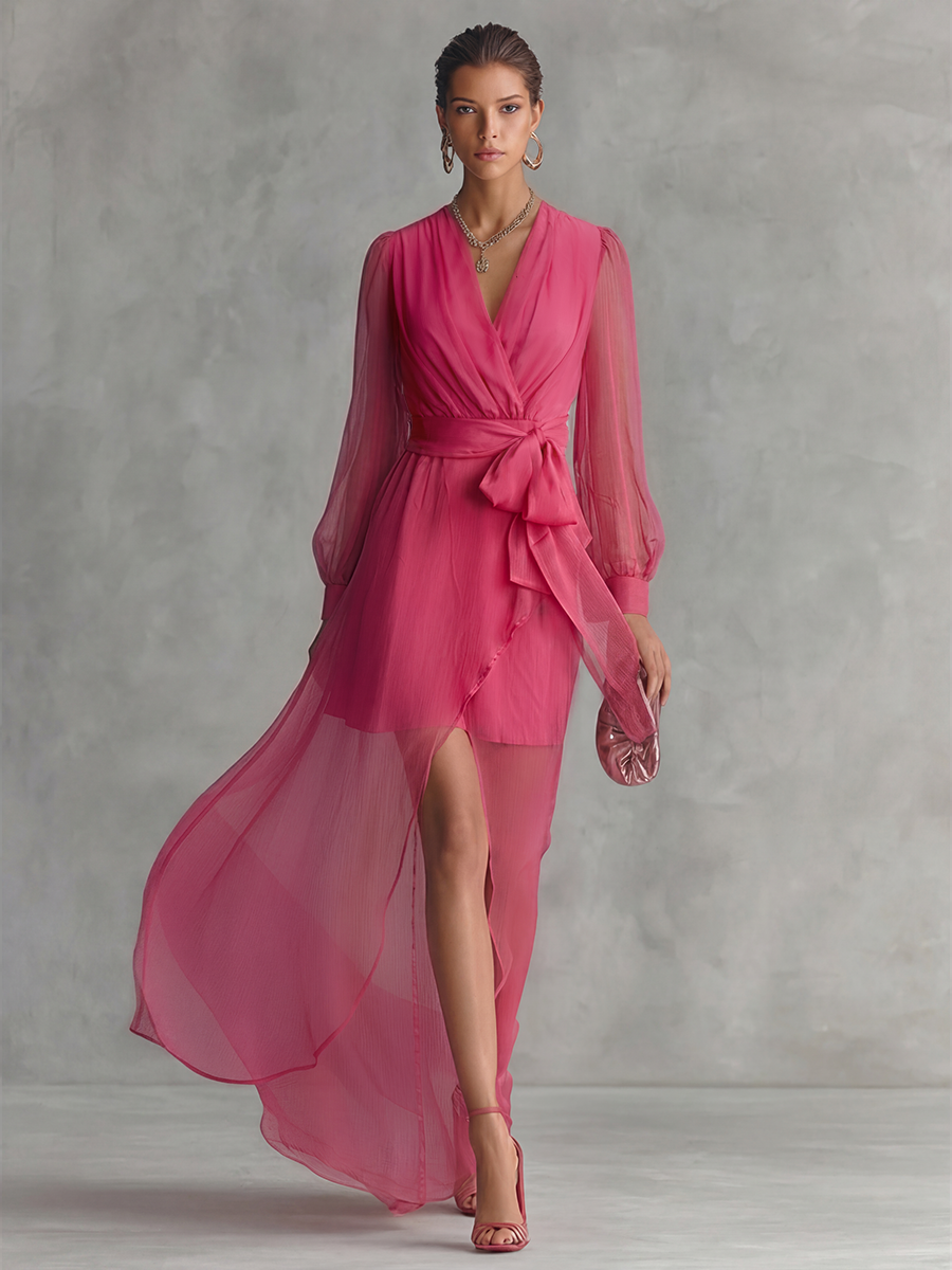 Robe Longue Élégante en Chiffon Rose à Perles pour Femmes, Décolleté en V, Taille Ceinturée MDZ1925A7BA