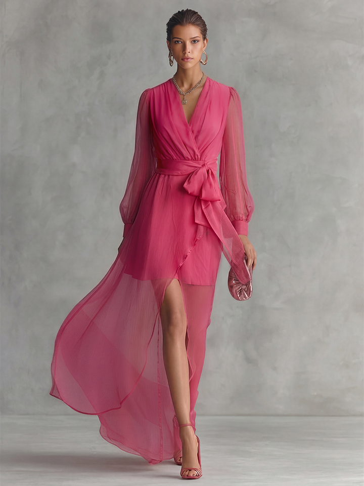Robe Longue Élégante en Chiffon Rose à Perles pour Femmes, Décolleté en V, Taille Ceinturée MDZ1925A7BA