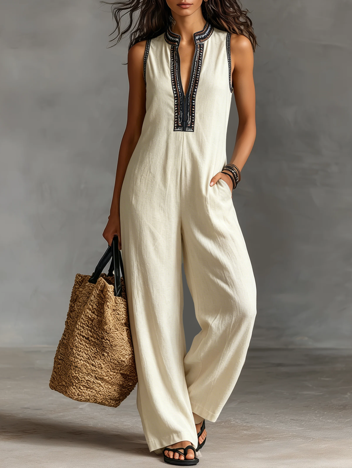 Combinaison sans manches en mélange de lin minimaliste pour femmes avec fermeture éclair et col montant, avec broderie MDZ0627B3Y