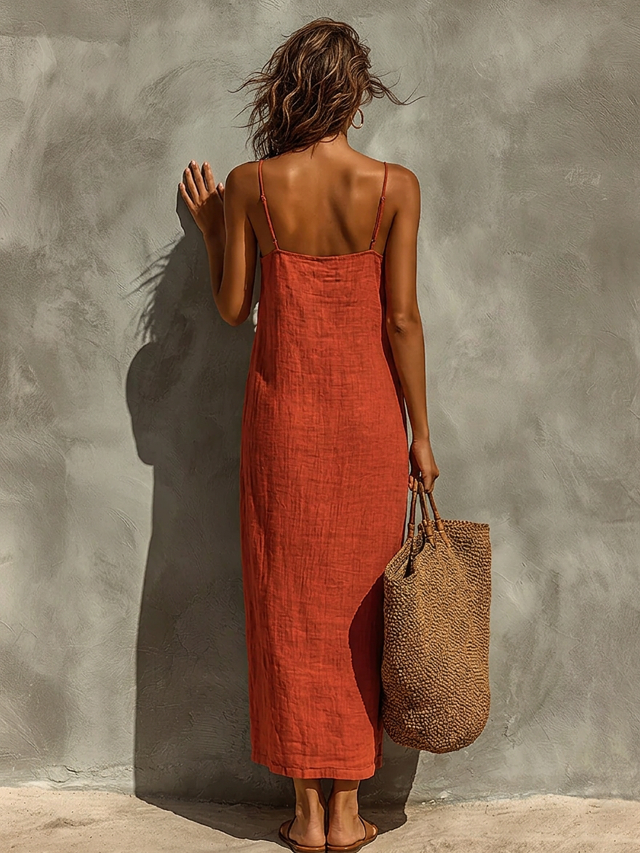 Robe Rouge en Coton pour Femmes avec Bretelles Spaghetti & Décolleté Carré, Robe de Style Boho-Resort Intemporelle MDZ0924C3I