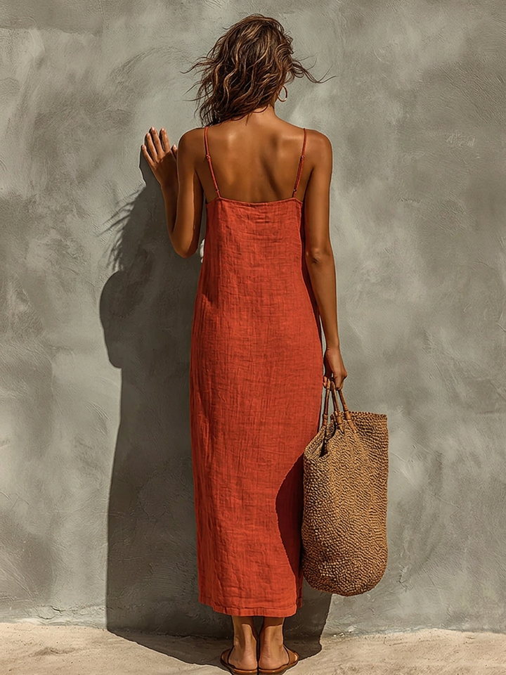 Robe Rouge en Coton pour Femmes avec Bretelles Spaghetti & Décolleté Carré, Robe de Style Boho-Resort Intemporelle MDZ0924C3I