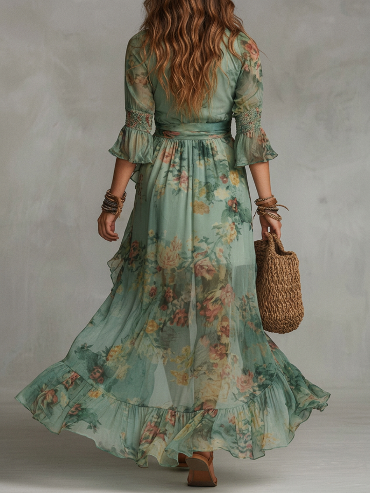 Robe Maxi en Chiffon Vert Herbe avec Volants Irréguliers et Fente