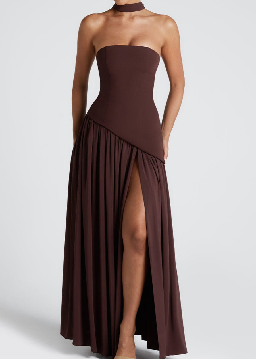 LINA | Robe Maxi Sans Bretelles avec Fente Haute