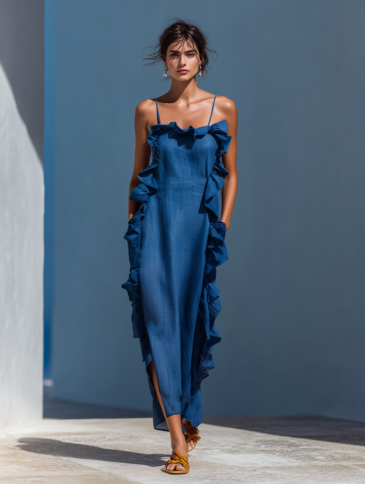 Robe Maxi à Bretelles Spaghetti en Mélange de Lin Bleu avec Volants pour Femmes MDZ2407D1T