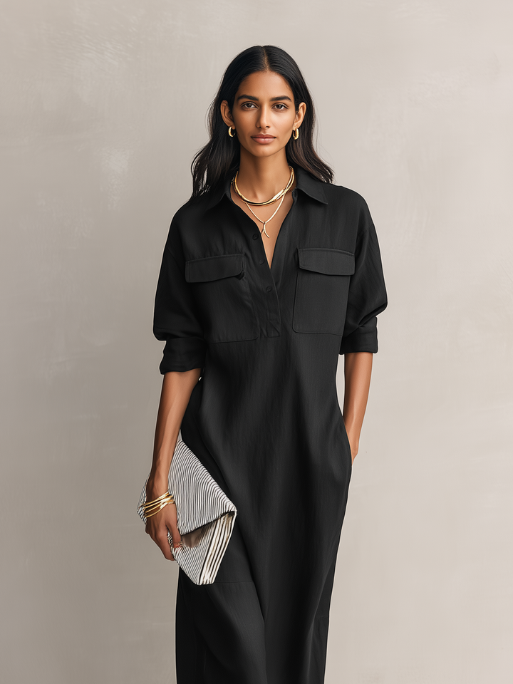 Robe Midi Élégante Femme en Mélange Coton-Lin Noir à Col Chemise à Manches Courtes MDZ0455C2AN