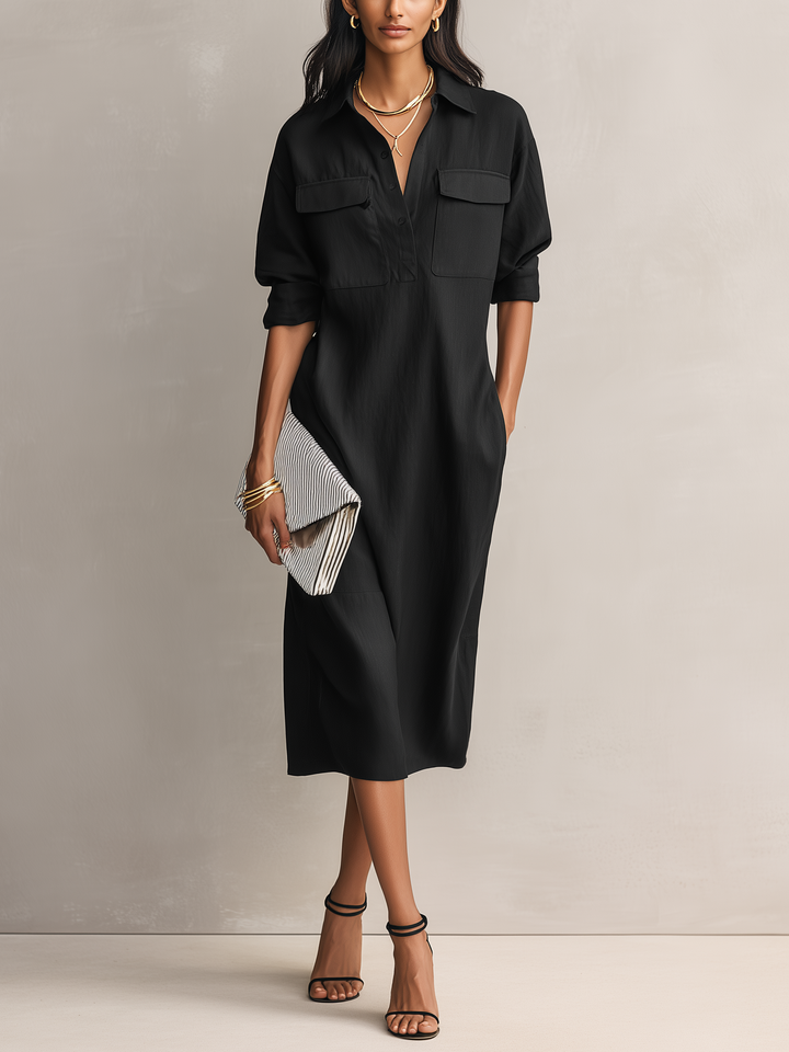 Robe Midi Élégante Femme en Mélange Coton-Lin Noir à Col Chemise à Manches Courtes MDZ0455C2AN