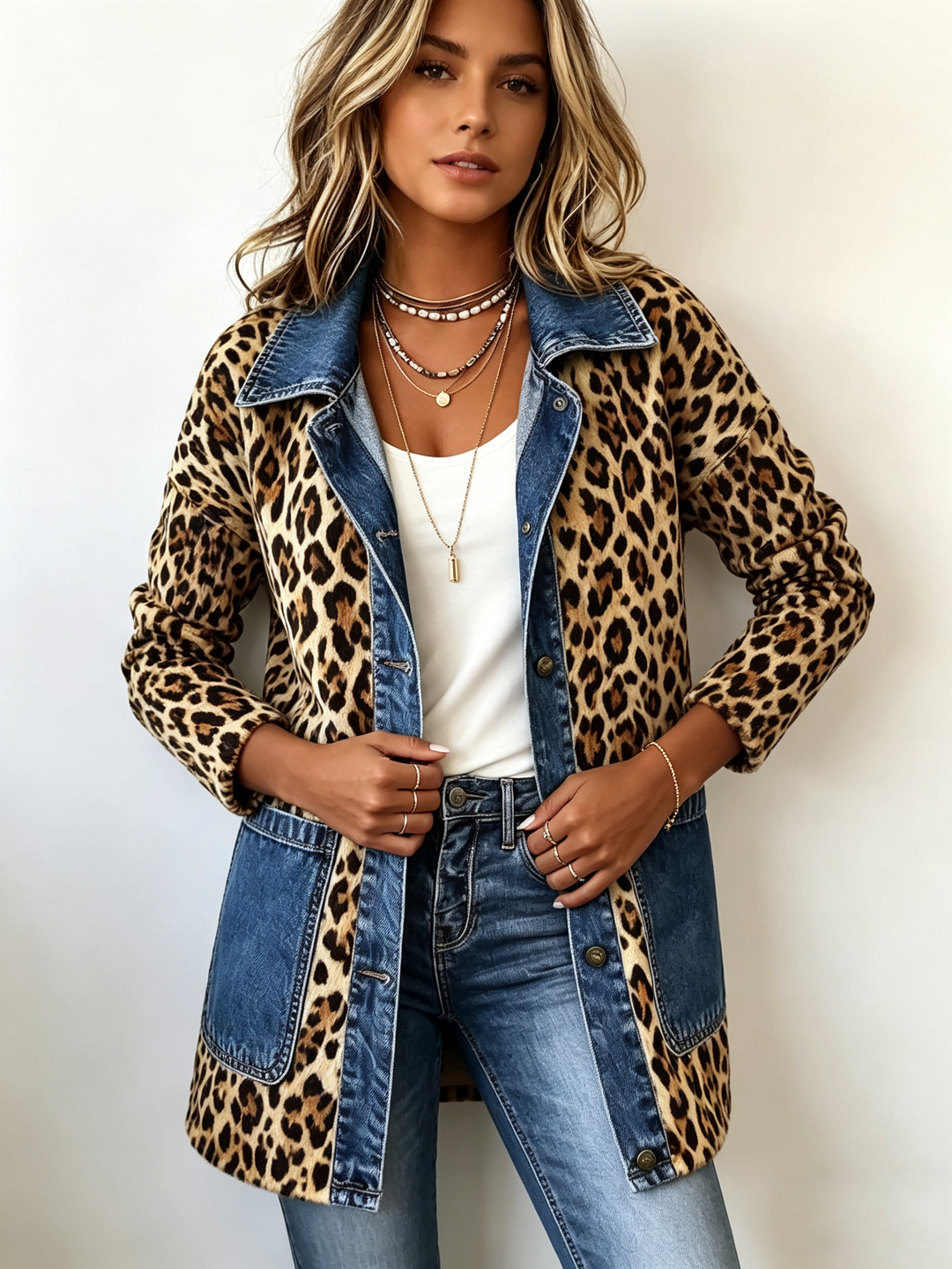 Nora | Veste en jean avec panneau contrastant imprimé léopard