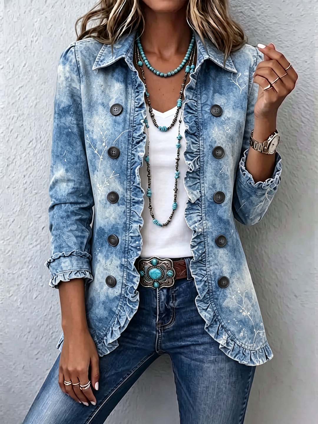 Sofia | Veste à volants de style boho avec impression botanique vintage dégradée