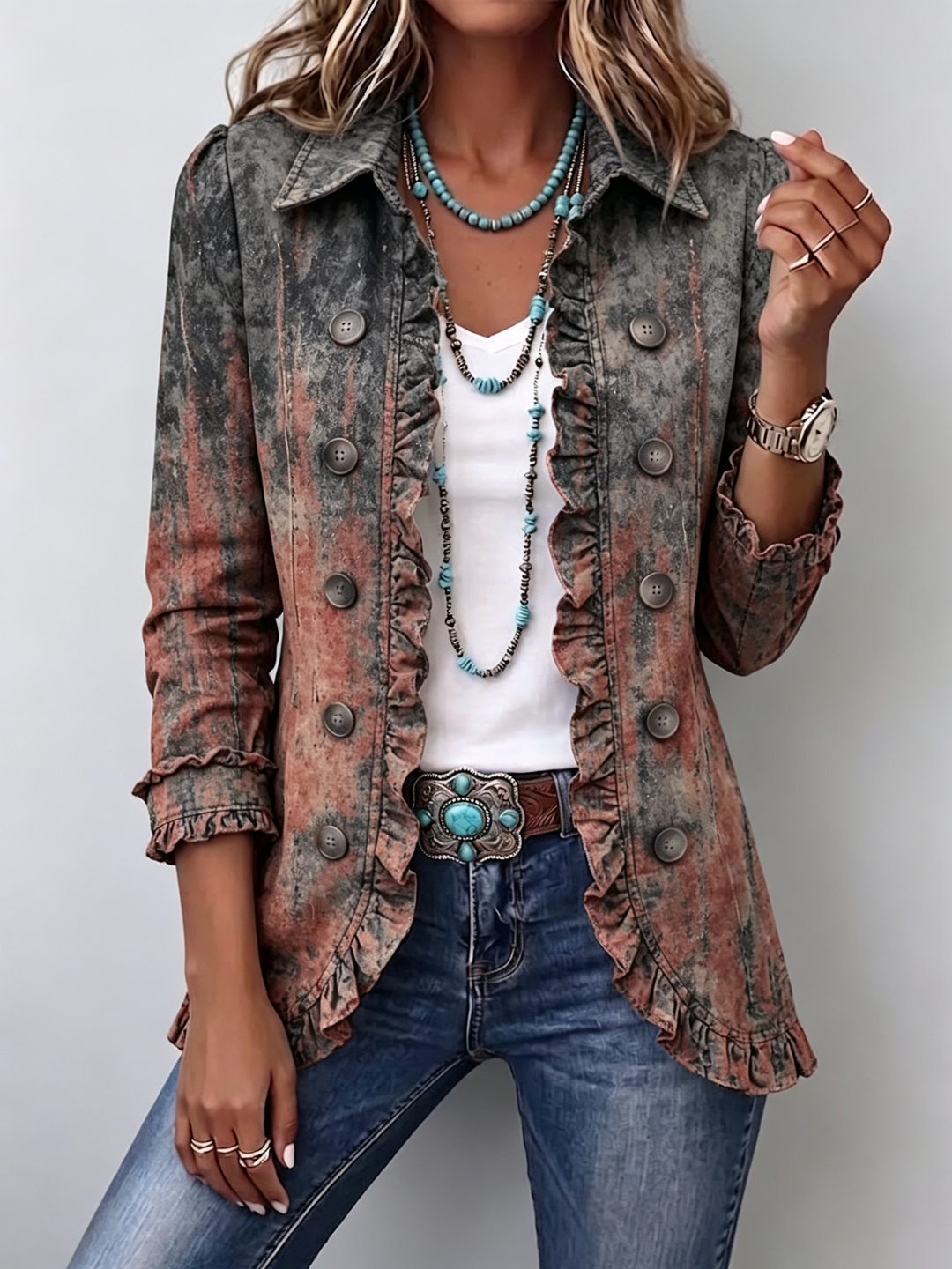 Zoey | Veste à volants en imprimé texturé vintage dégradé