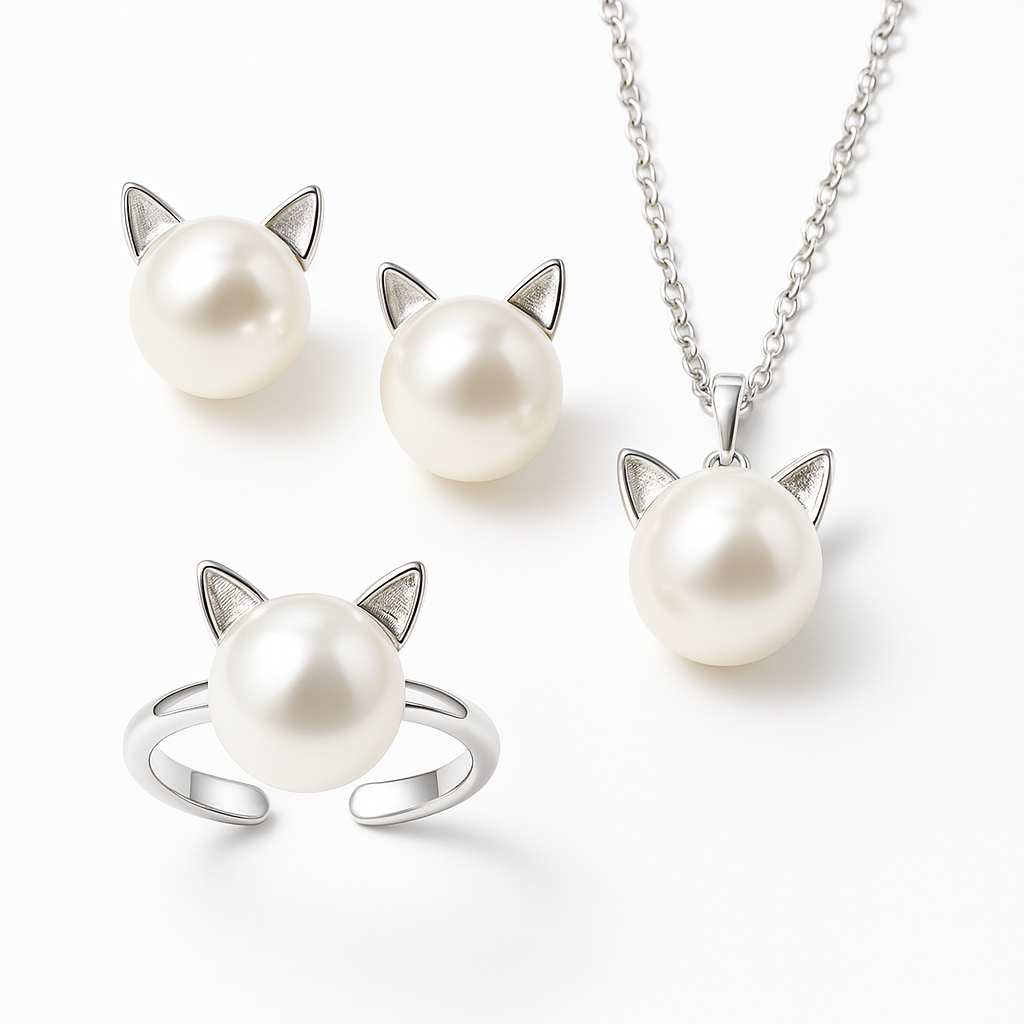 Magnifique collier de chats et de perles avec boucles d'oreilles et bague gratuites