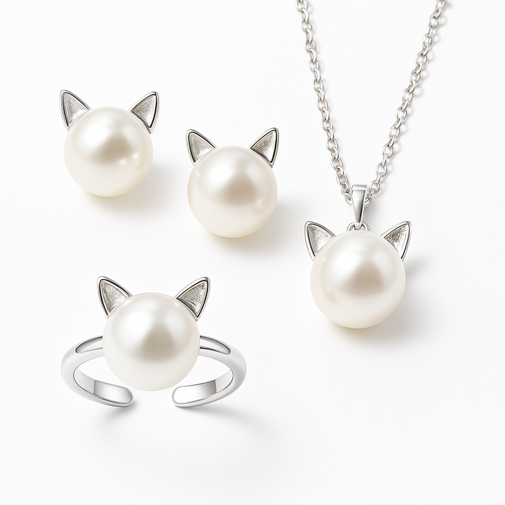 Magnifique collier de chats et de perles avec boucles d'oreilles et bague gratuites