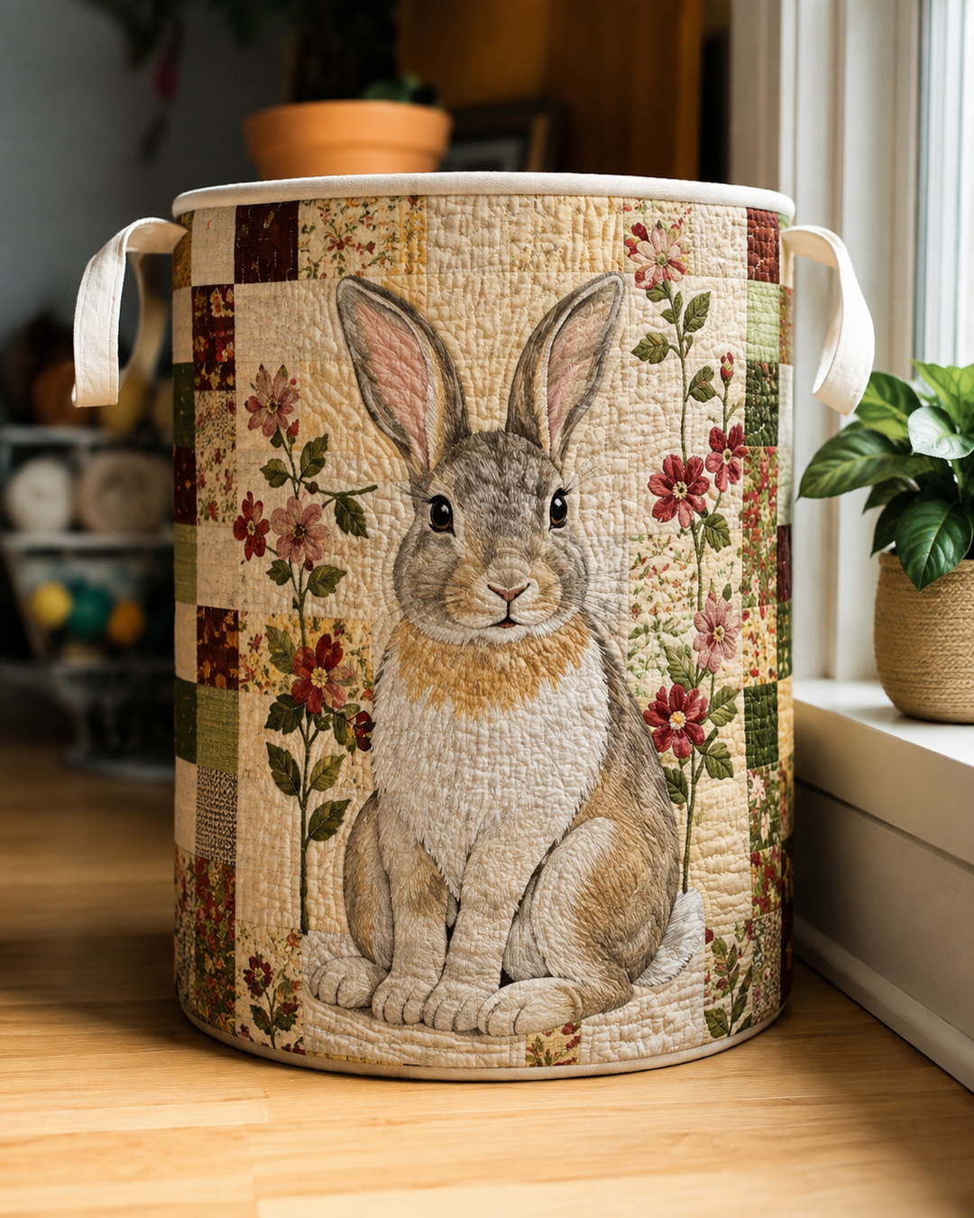 Panier rembourré avec des lapins de campagne
