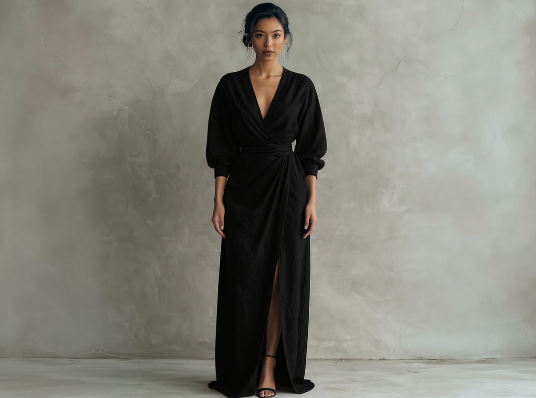 Robe longue minimaliste rose avec décolleté en V en mélange de lin pour femme