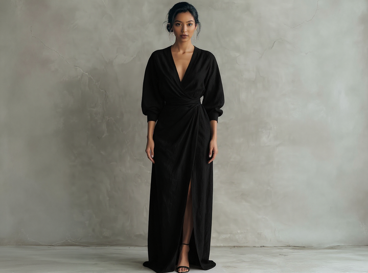 Robe longue minimaliste rose avec décolleté en V en mélange de lin pour femme
