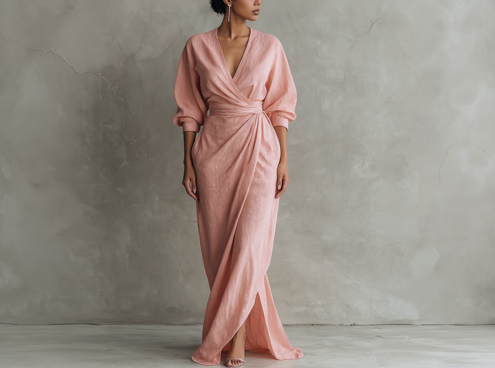 Robe longue minimaliste rose avec décolleté en V en mélange de lin pour femme