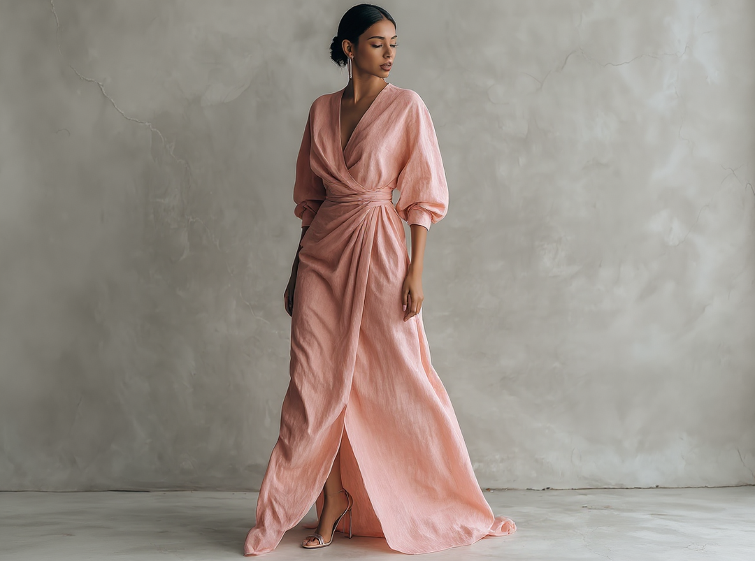 Robe longue minimaliste rose avec décolleté en V en mélange de lin pour femme