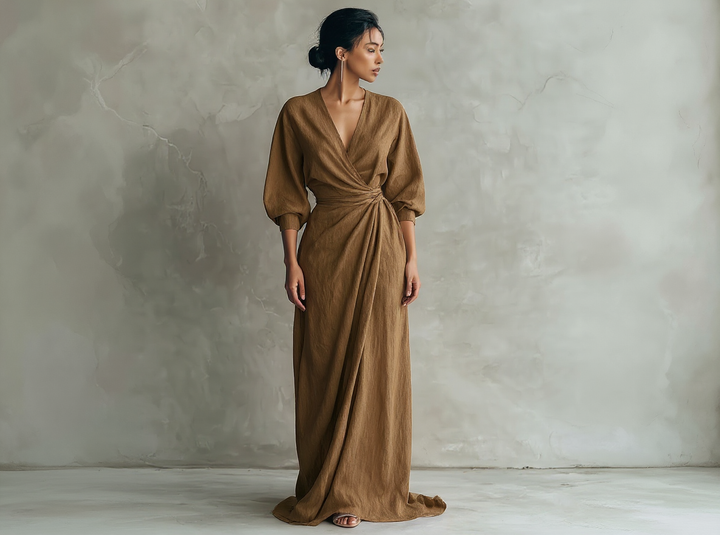 Robe longue minimaliste rose avec décolleté en V en mélange de lin pour femme