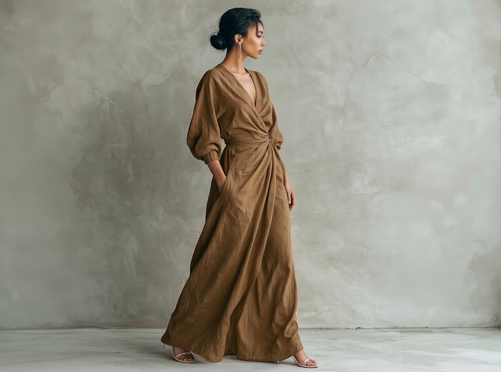 Robe longue minimaliste rose avec décolleté en V en mélange de lin pour femme
