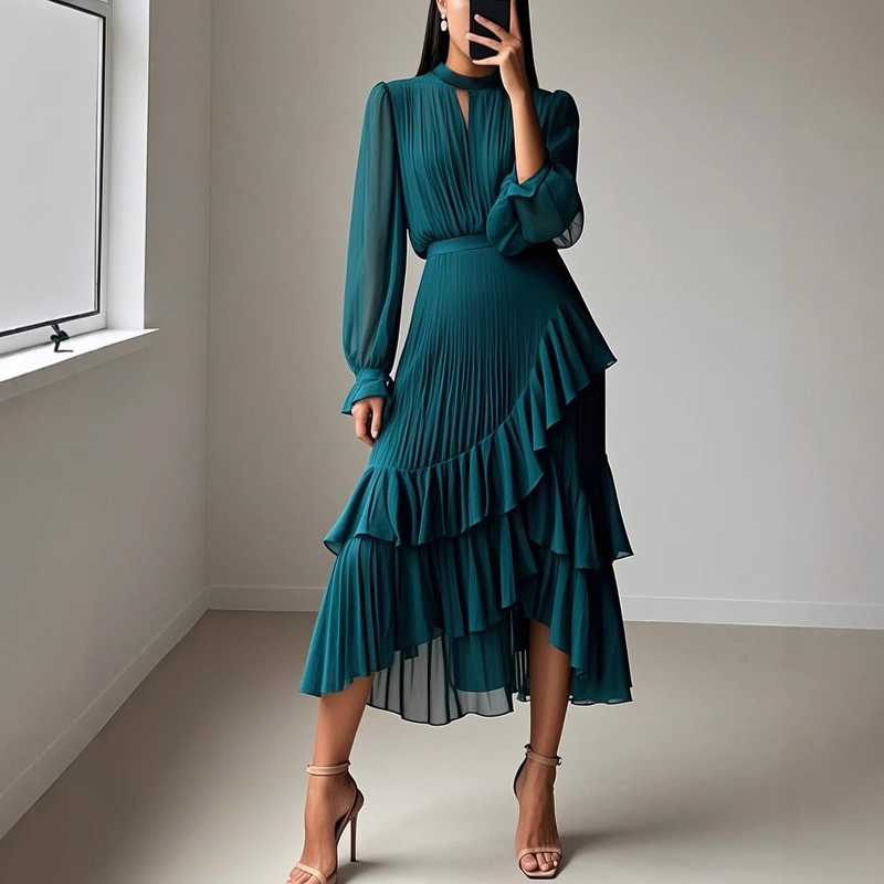 Robe midi plissée élégante avec volants
