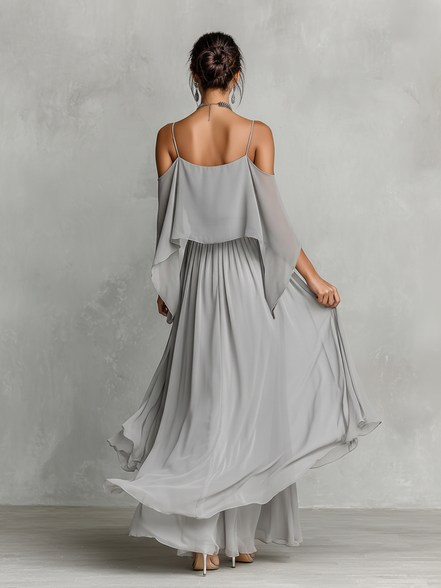 Ensemble Chiffon Respirant Grise pour Femmes avec Détail Épaule Dénudée & Silhouette Évasée, Style Féminin Luxe Contemporain MDZ2651B6I